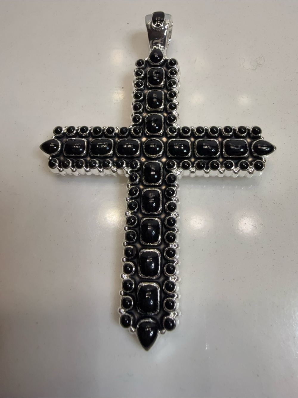 Black Stone Cross Pendant Silver-Tone